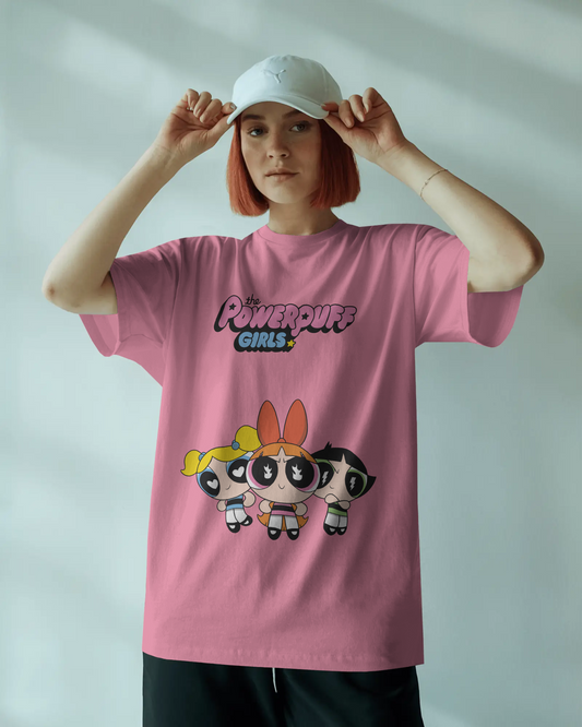 Unisex oversized Power Puff Girls t-shirt in pink with cartoon characters, perfect for nostalgic streetwear.